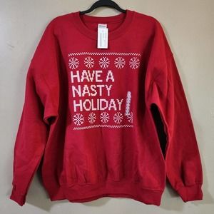 NEW Gildan Womens Mens Nasty Holiday Sweatshirt Size XL Red Christmas Crew Neck